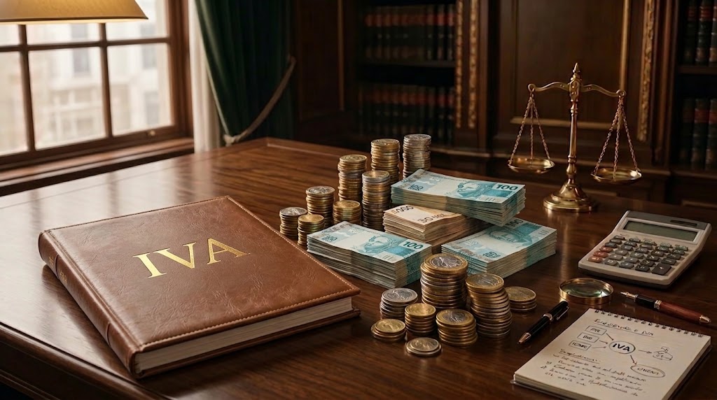 livro com titulo "iva"em cima da mesa ao lado de uma pilha de moedas e notas de dinheiro