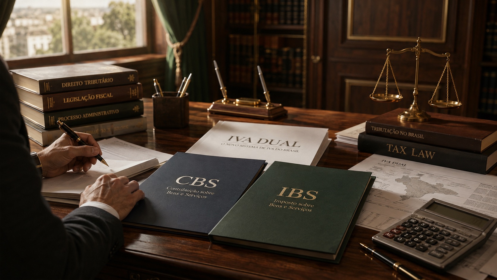 Pastas identificadas como CBS e IBS sobre mesa de escritório jurídico, com documentos fiscais, calculadora, livros de Direito Tributário e balança da Justiça ao fundo.