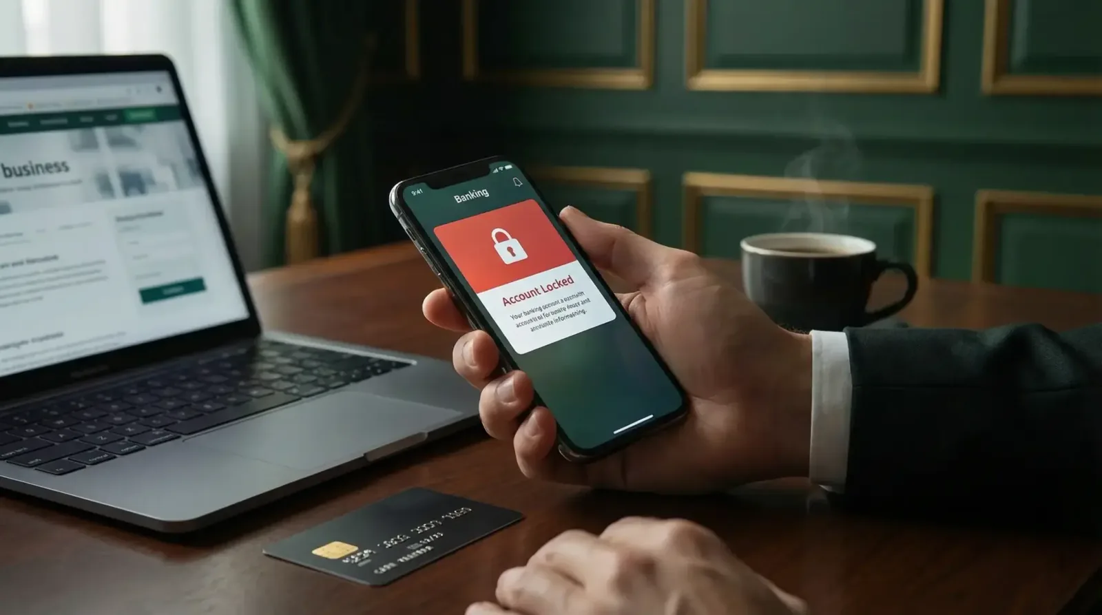 Pessoa com celular exibindo "Account Locked" e notebook ligado. Keywords: segurança, banco online, conta bloqueada, erro.