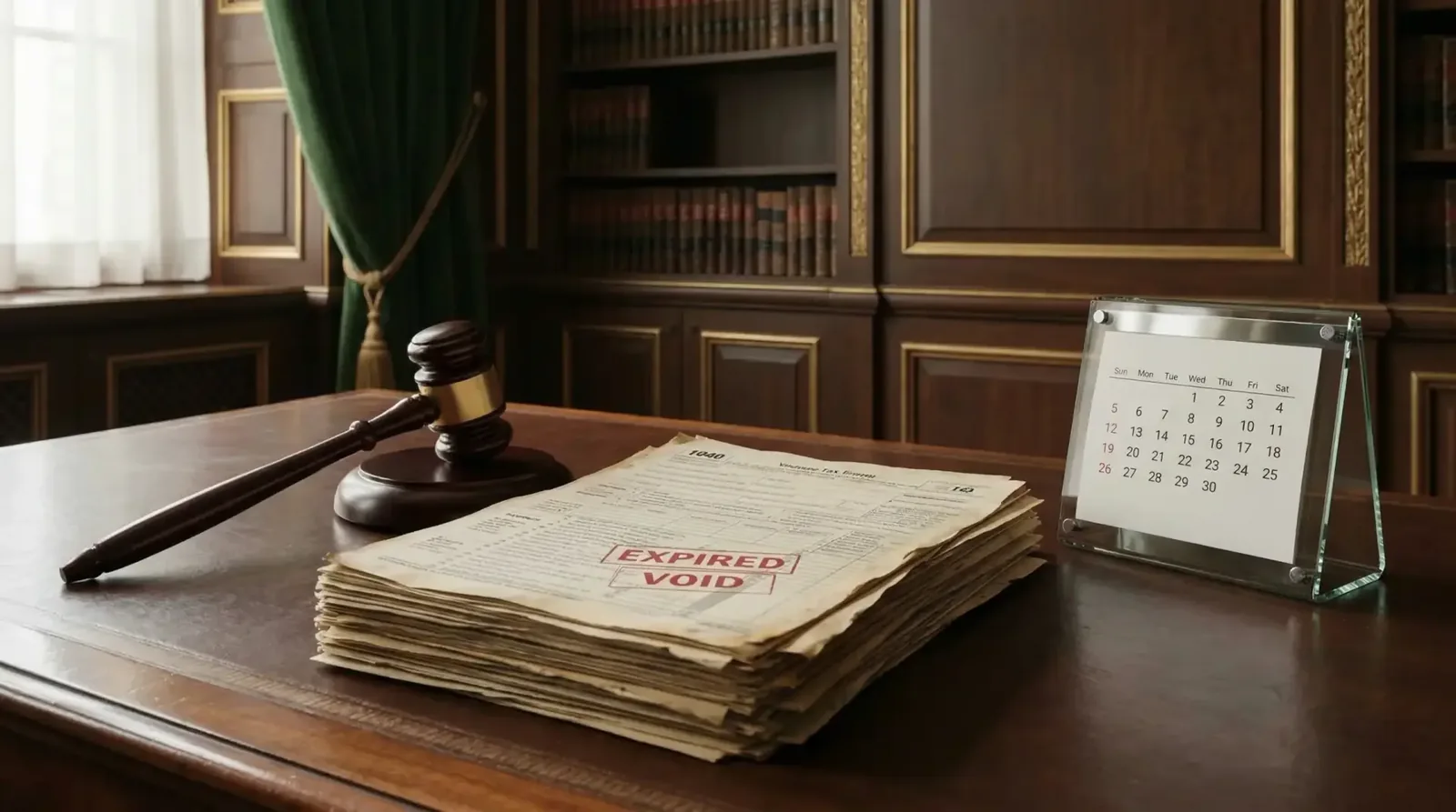 Mallet, formulários de impostos "EXPIRED VOID" e calendário em mesa de madeira, justiça fiscal.