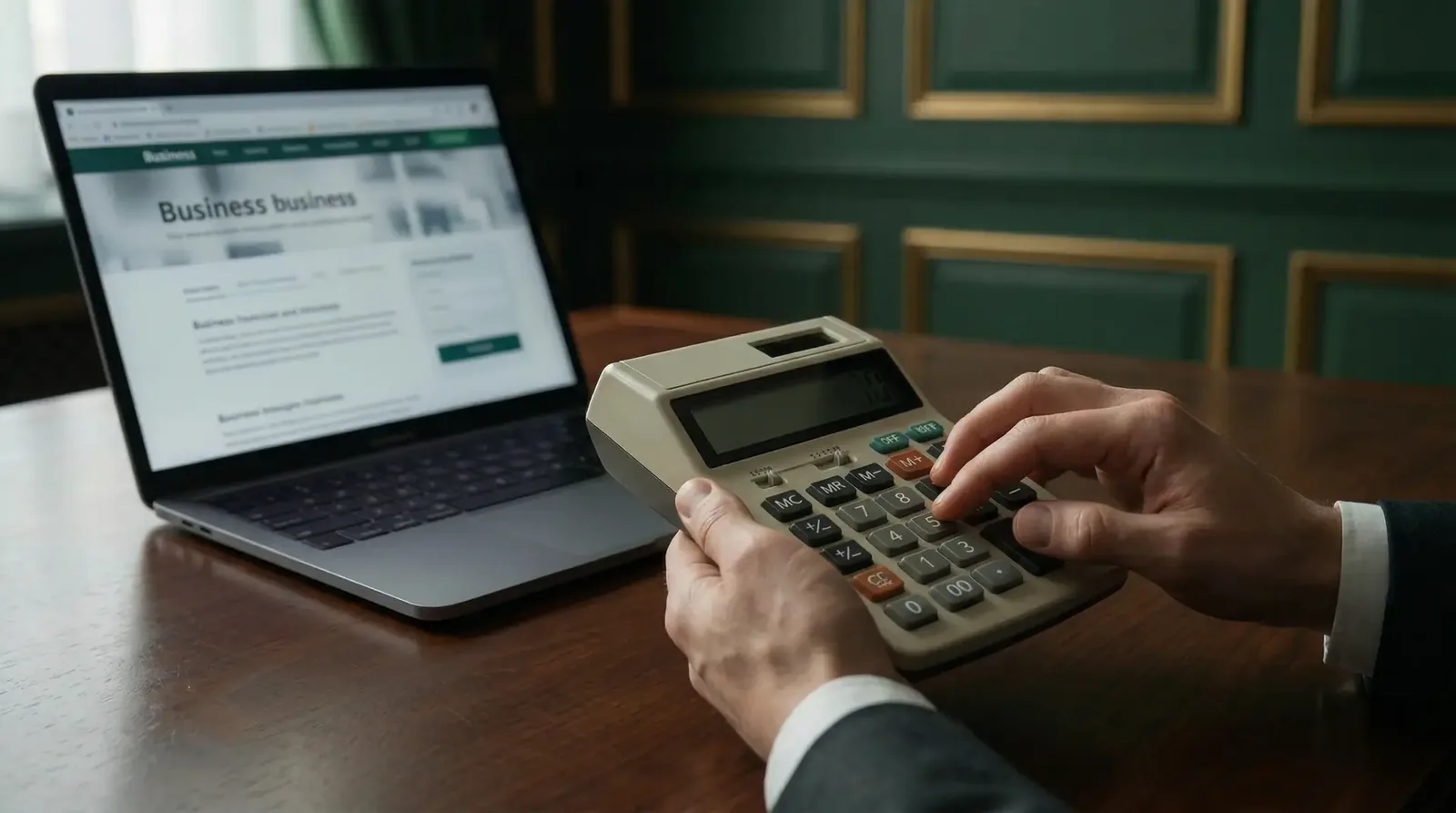 Mãos usando calculadora ao lado de notebook com site "Business" para finanças e negócios.