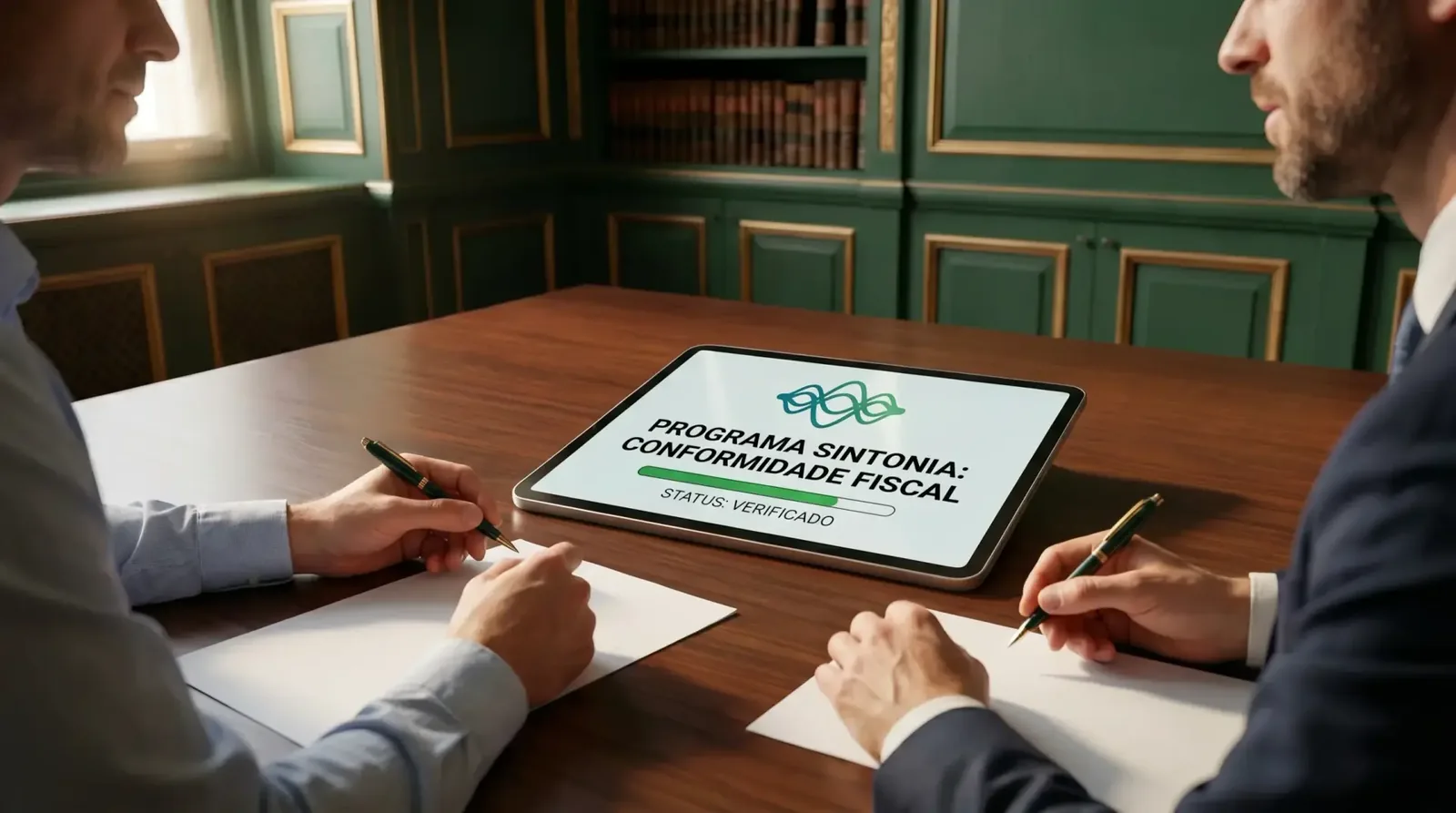 Homens assinando documentos, tablet mostra "Programa Sintonia: Conformidade Fiscal - Status: Verificado".