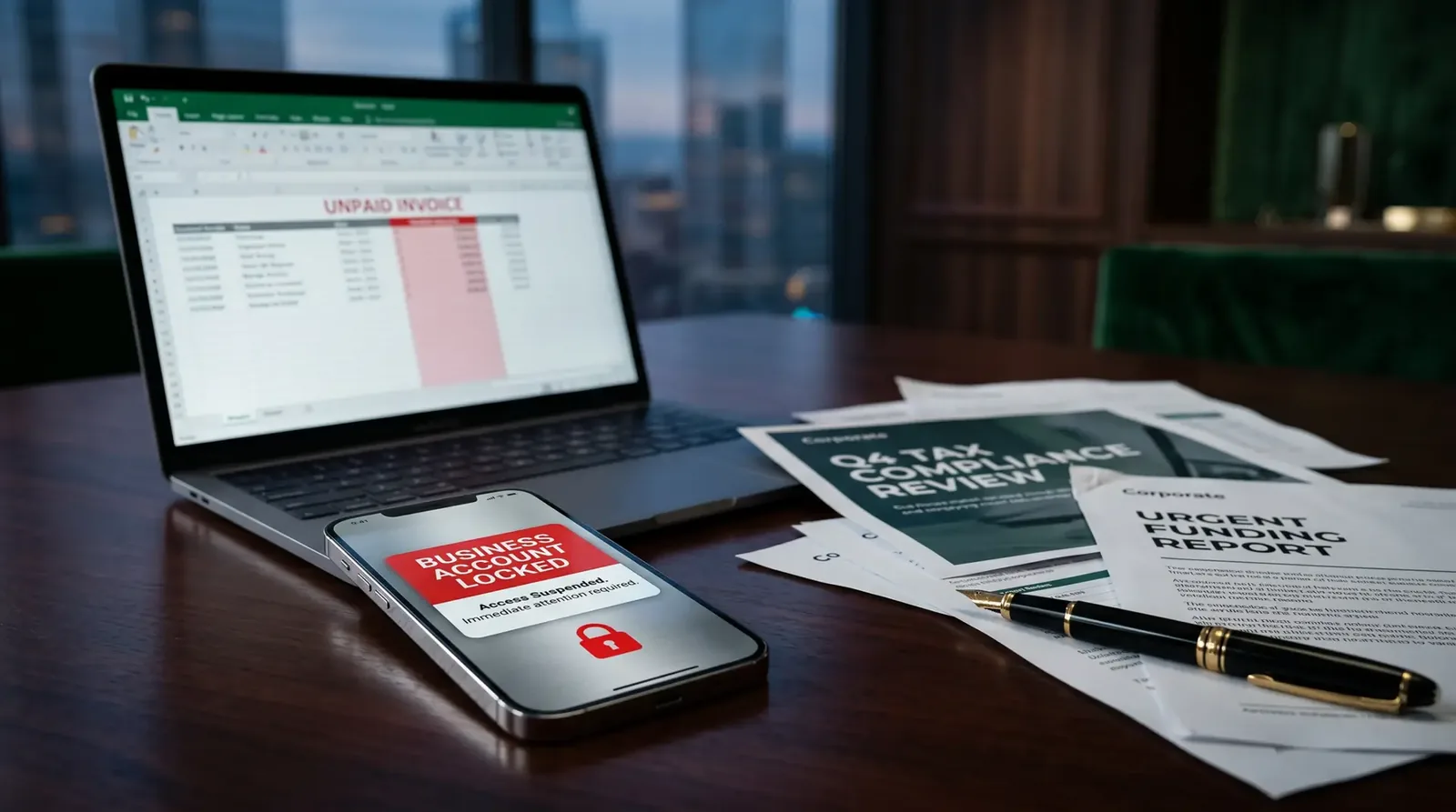 Smartphone com "Conta Bloqueada" e laptop com "Fatura Não Paga" sobre mesa de escritório escura.