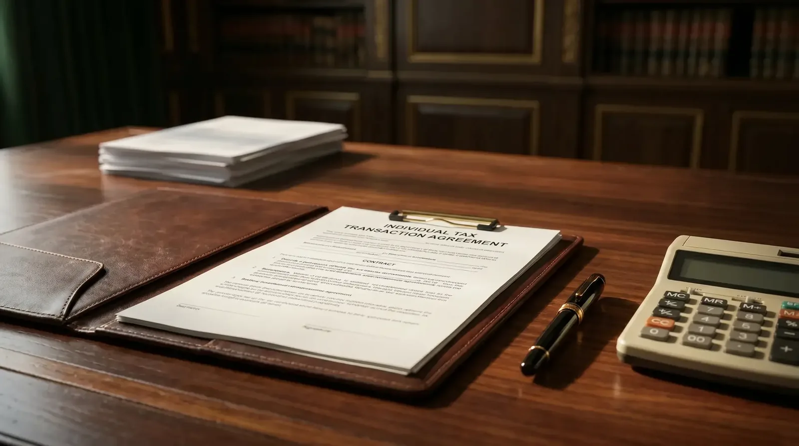 Acordo de transação fiscal, caneta e calculadora em mesa de madeira escura com livros ao fundo.