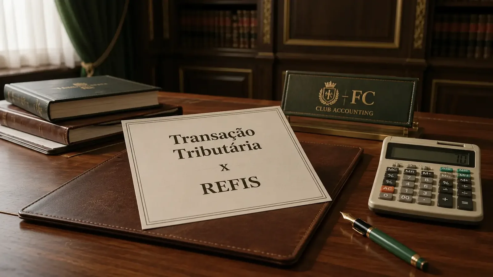 Mesa de escritório com documento "Transação Tributária x REFIS", calculadora, caneta e livros.