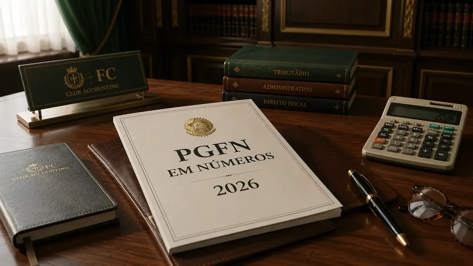 Mesa de contabilidade com PGFN em Números 2026, calculadora, livros e itens do Club Accounting.