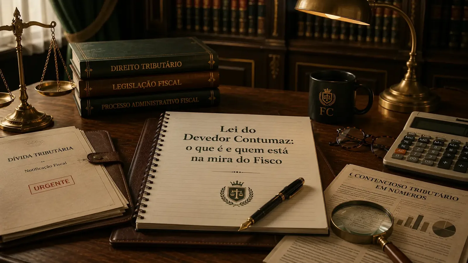 Cena de escritório fiscal com livros, balança da justiça, calculadora e anotações sobre dívida e contencioso.
