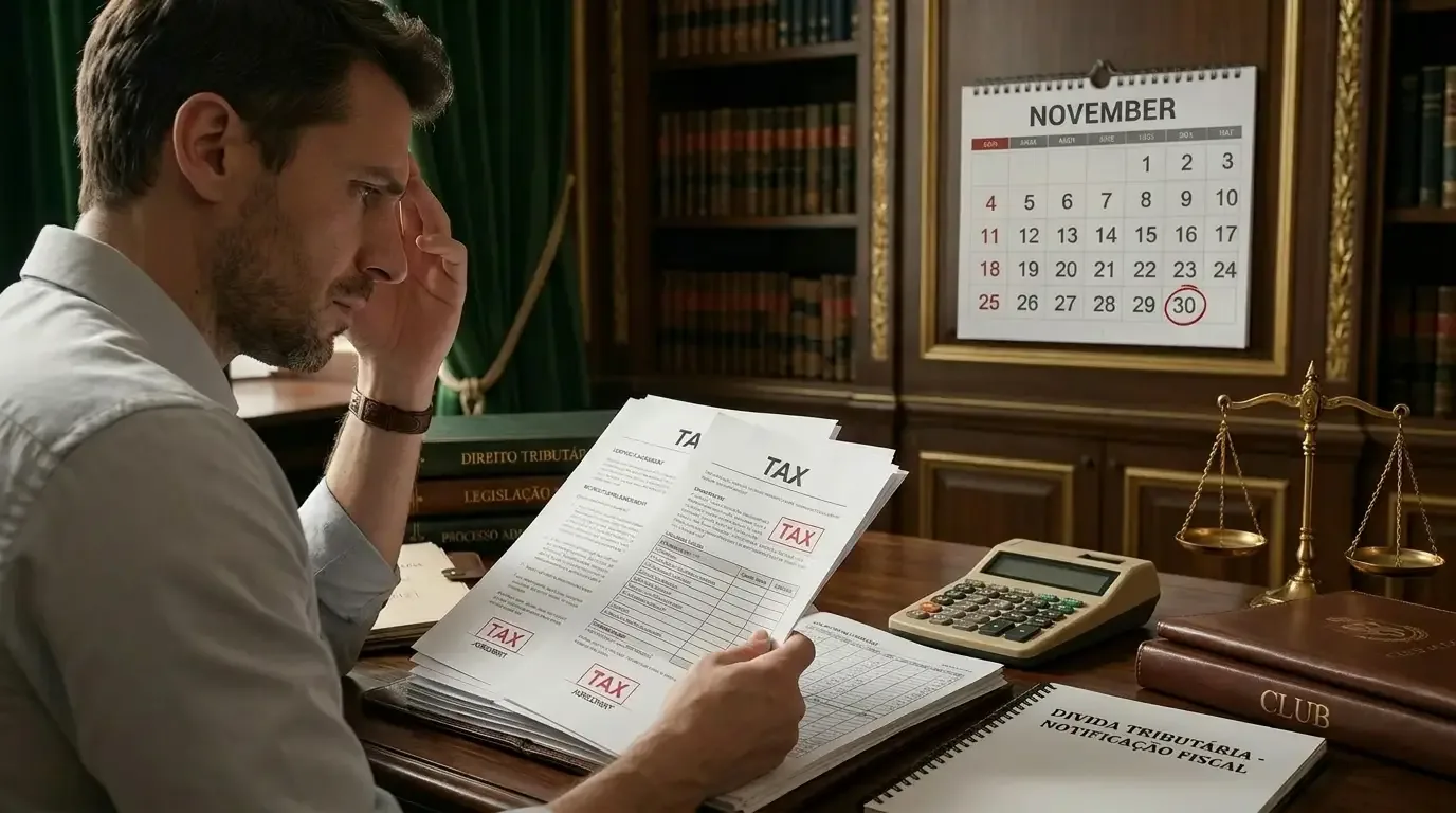 Homem analisando formulários de imposto. Calendário de novembro com o dia 30 circulado, prazo final.