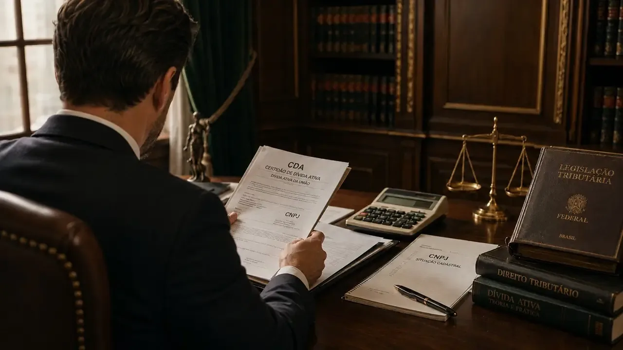 Advogado de costas analisando uma Certidão de Dívida Ativa (CDA) relacionada a CNPJ, em escritório jurídico com livros de Direito Tributário, calculadora e balança da Justiça.