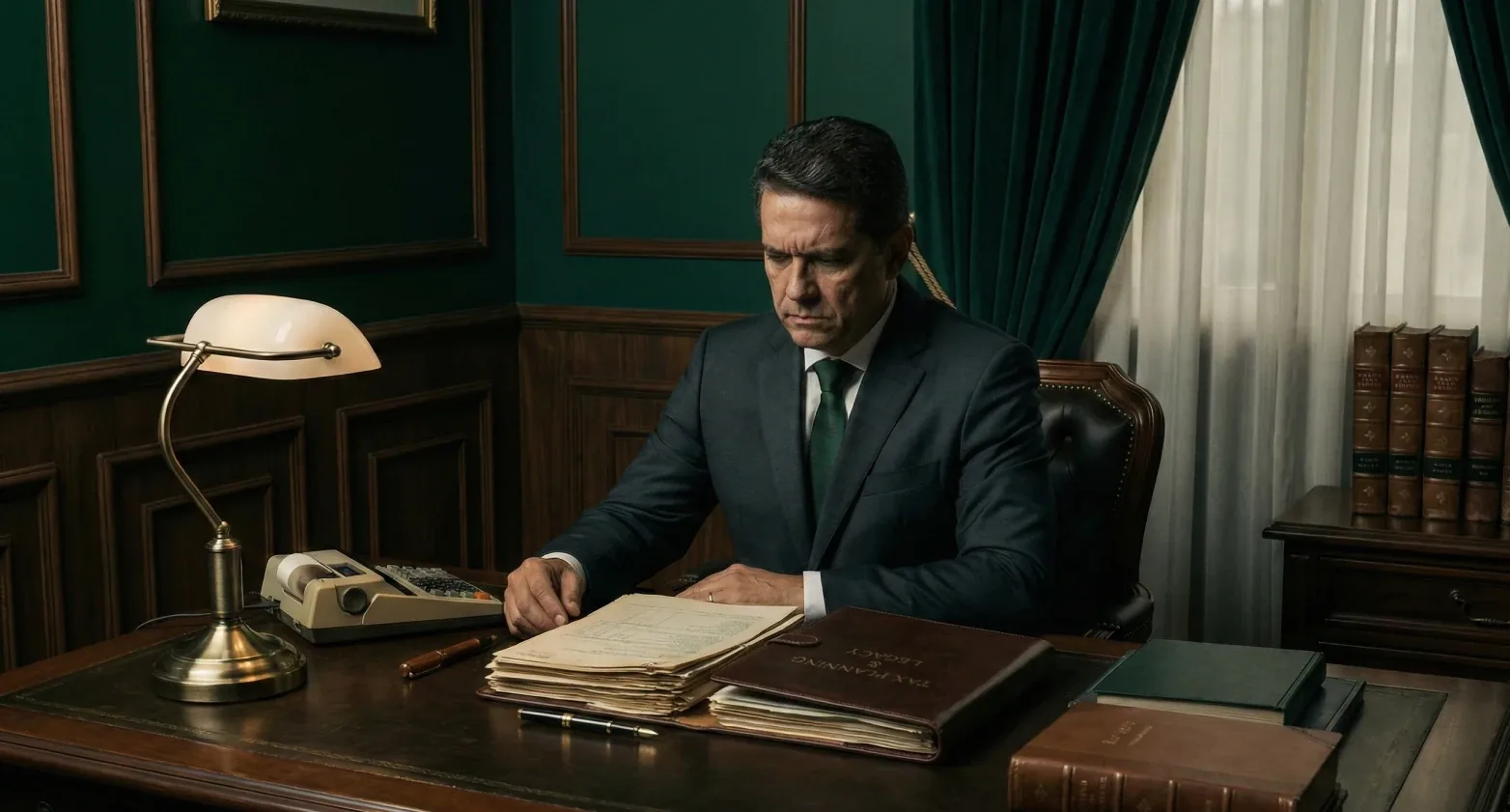 Um homem de meia-idade, vestindo um terno cinza escuro e gravata verde, está sentado em uma mesa de madeira escura em um escritório clássico e luxuoso. Ele tem uma expressão séria e olha para documentos abertos à sua frente.